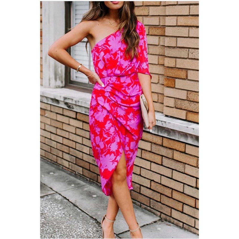 Oblique Shoulder Floral Print Dress